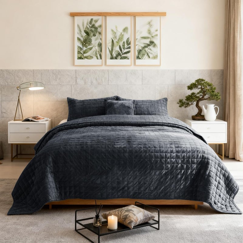 COCOPLOCEUS Quilt Set Oversized King Size 120x128 Luxurious Velvet Bedding Sets with 2 Pillow Shams 20x36 3 Pieces Ultra Soft Quilted Bedspread Coverlet Comforter for All Season,Grey Blue - Image 3