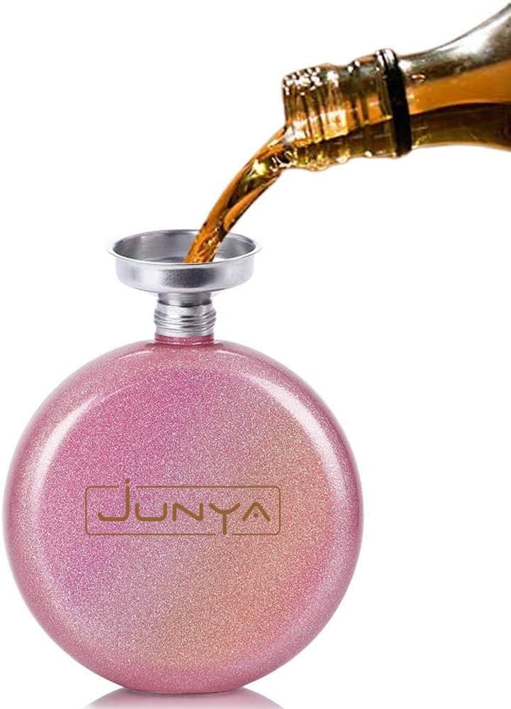 Junya Cute Liquor Flask for Women, 304 Stainless Steel,Pretty Glitter Coating Whiskey Flasks,Shining Rhinestone Cap,Portable Wine Flask for Drink Bar BBQS and Traveling,Capacity 5 oz - Image 3