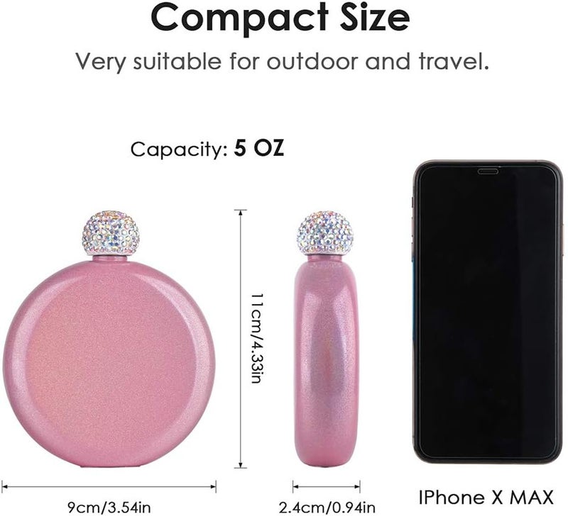 Junya Cute Liquor Flask for Women, 304 Stainless Steel,Pretty Glitter Coating Whiskey Flasks,Shining Rhinestone Cap,Portable Wine Flask for Drink Bar BBQS and Traveling,Capacity 5 oz - Image 2