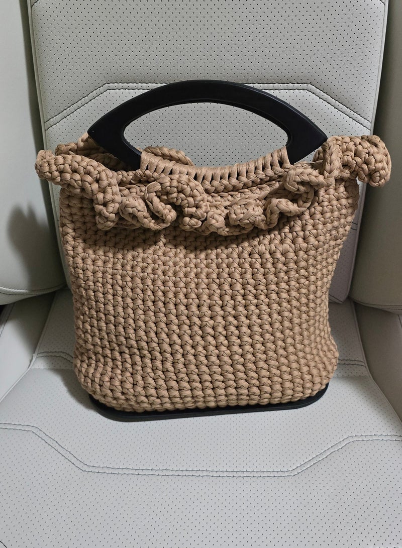 Camel Brown Crochet Handbag with Black Oval Handle