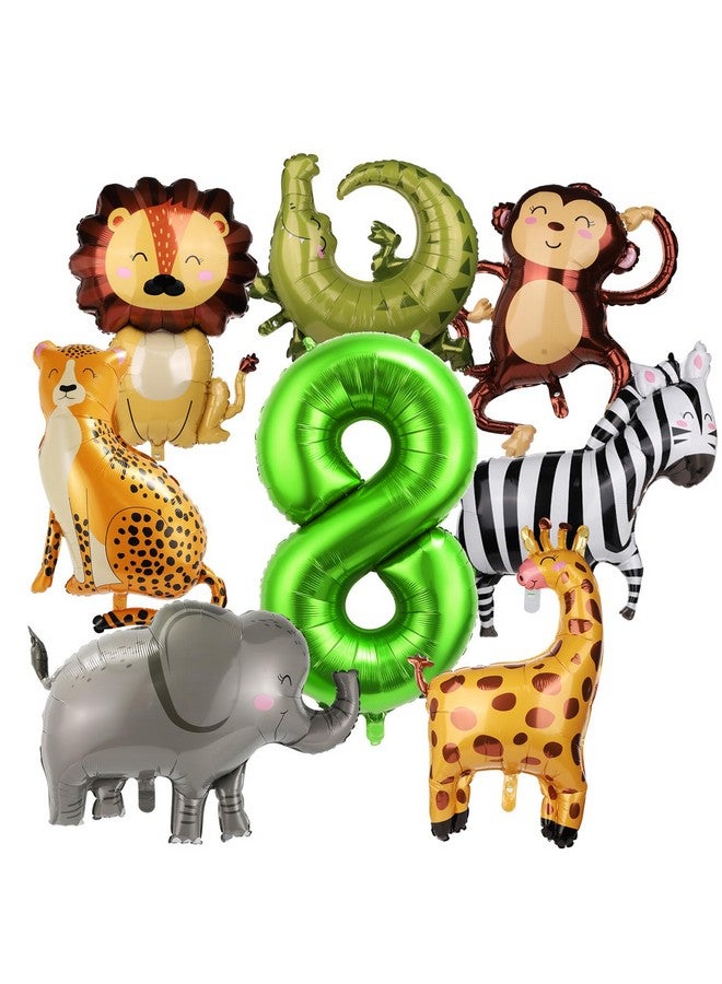 PEUTIER 8pcs Jungle Animal Balloons, Safari Animal Balloon Safari Animal Monkey Elephant Zebra Leopard Crocodile Giraffe Lion Balloons Birthday Number Balloons Zoo Party Decoration Supplies (Number 8)  - Image 1