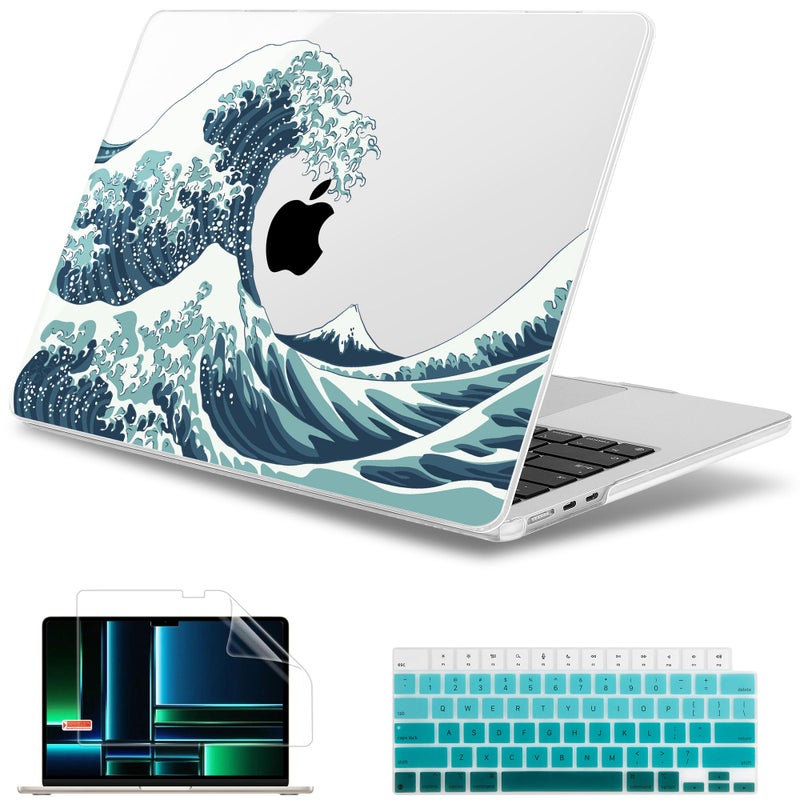 May Chen Compatible with M4 MacBook Air 15 inch Case 2025 2024 2023 A3241 A3114 M3 A2941 M2 with Liquid Retina Display Touch ID Plastic Hard Shell with Keyboard Cover Great Wave