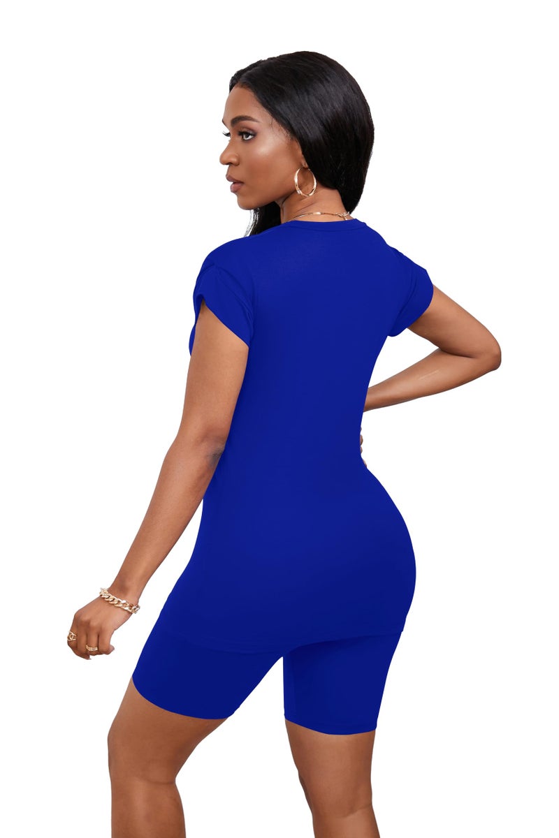 PINSV Women 2 Piece Outfits Summer Sweatsuits Track Suits Biker Short Workout Jogger Sets Blue Cut Out 2XL - Image 4