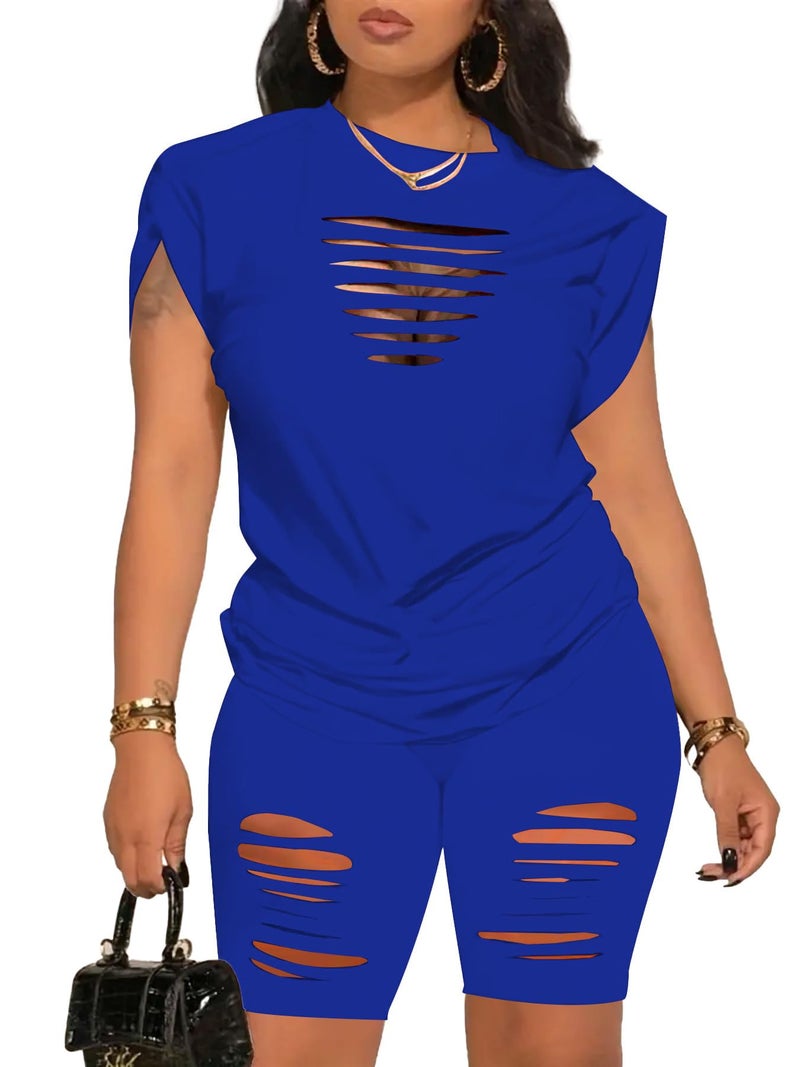 PINSV Women 2 Piece Outfits Summer Sweatsuits Track Suits Biker Short Workout Jogger Sets Blue Cut Out 2XL - Image 1