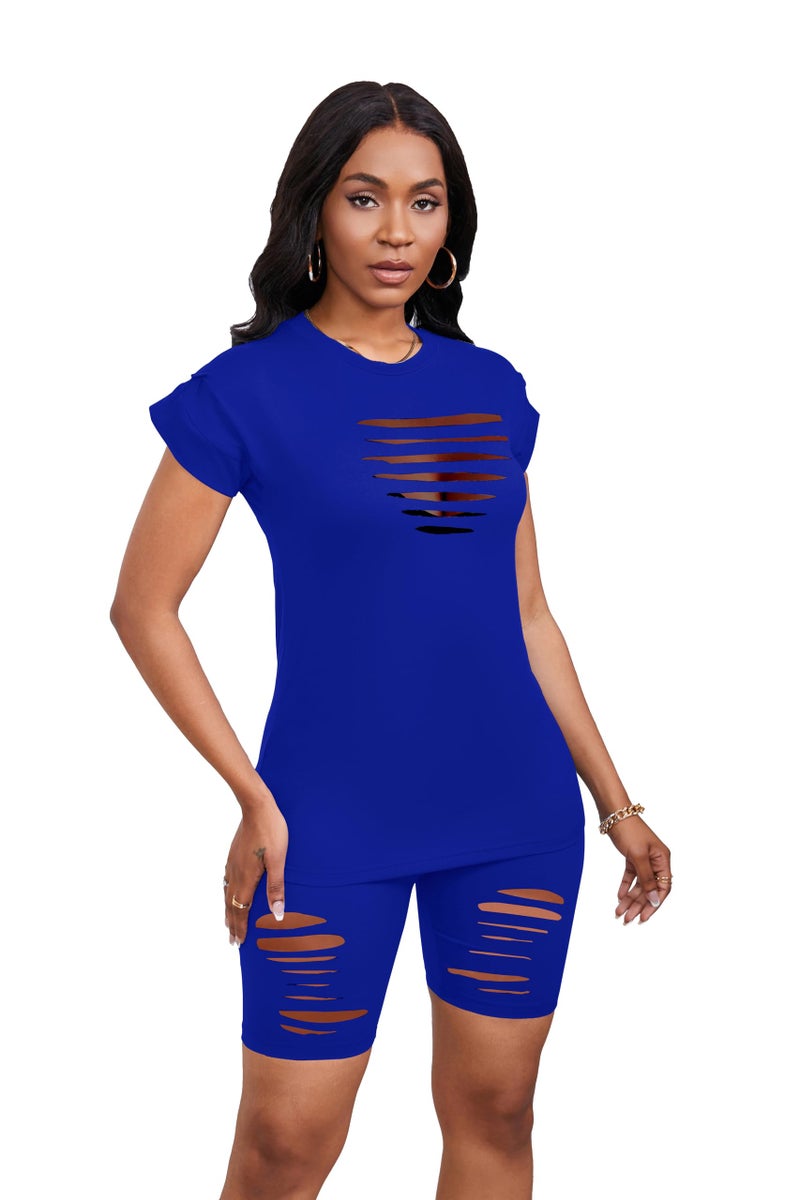 PINSV Women 2 Piece Outfits Summer Sweatsuits Track Suits Biker Short Workout Jogger Sets Blue Cut Out 2XL - Image 2