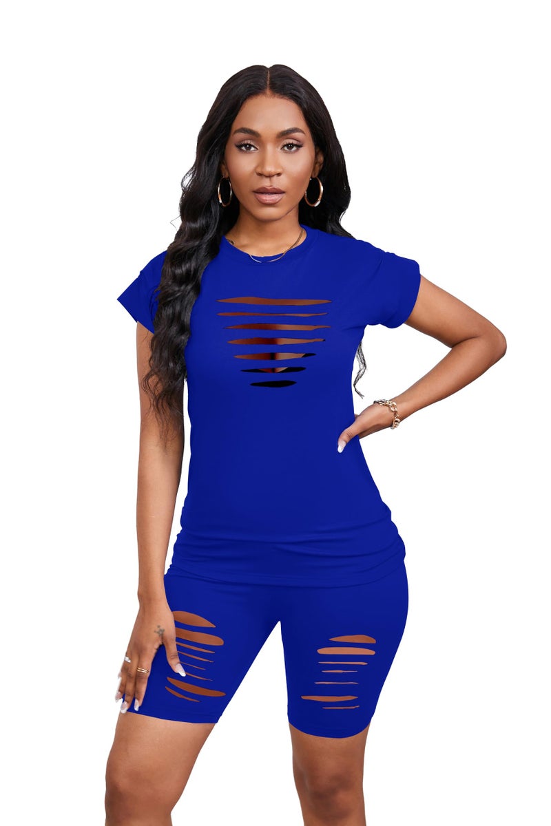 PINSV Women 2 Piece Outfits Summer Sweatsuits Track Suits Biker Short Workout Jogger Sets Blue Cut Out 2XL - Image 3