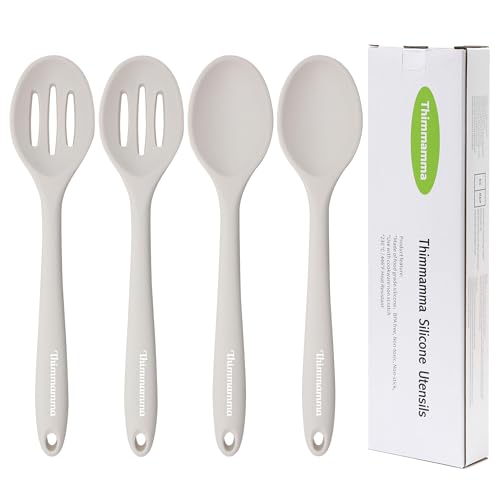 Thimmamma Slotted Solid Silicone Spoons Set for Cooking Dishwasher Safe, Heat Resistant White BPA Free Nonstick Kitchen Serving Spoon Mixing Spoons Basting Spoon Stirring - Image 1