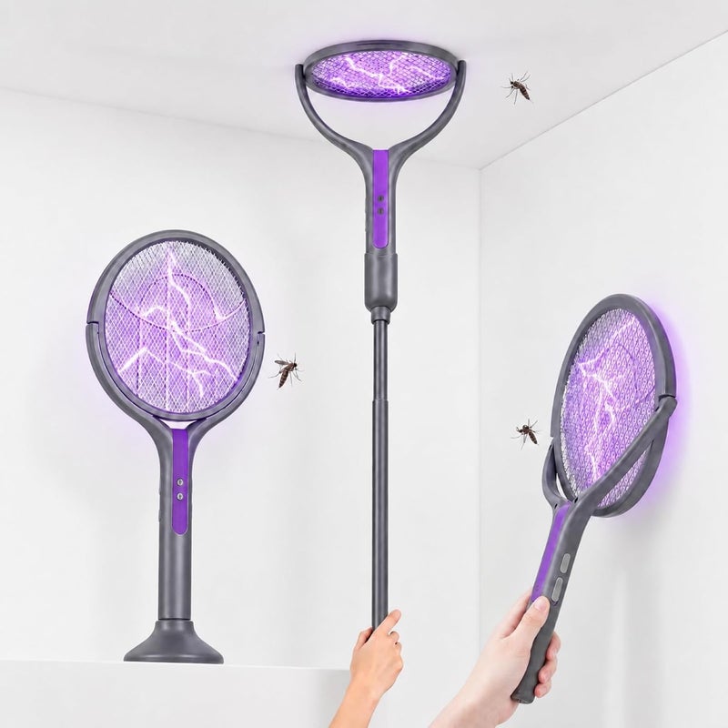 Besswin Electric Fly Swatter, Rotating Head Bug Zapper, Dual Modes Mosquito Killer with Purple Mosquito Light Rechargeable for Indoor Home Patio Camp Office, Telescopic Extension - Image 1