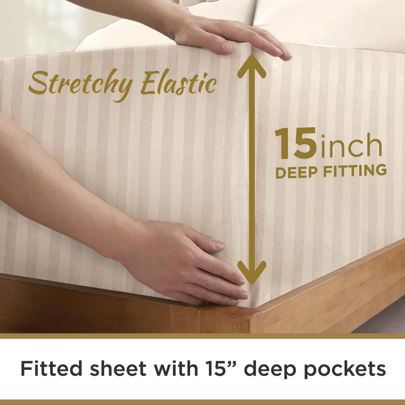 DESTINY CRESCENT BED Twin XL 100% Microfiber Double Brushed Sheet Set - Extra-Soft & Wrinkle-Free - 15"" Deep Pockets  39"" x 80"" - Ideal for Dorms  Hospitals & Split King Beds - 3 PC Set (Twin XL  Damask Ivory Stripe) - Image 4