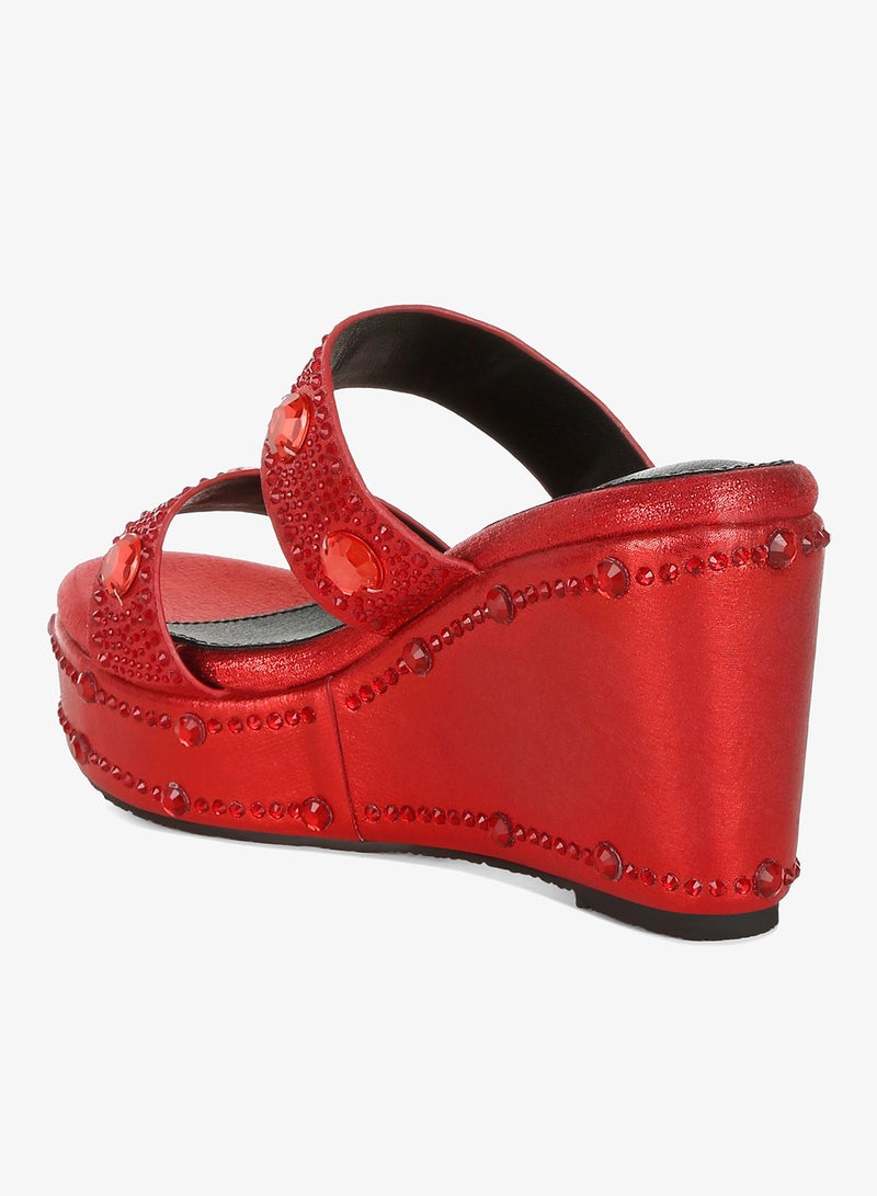London Rag Rhinestone & Diamante Wedge Sandals in Red - Image 3