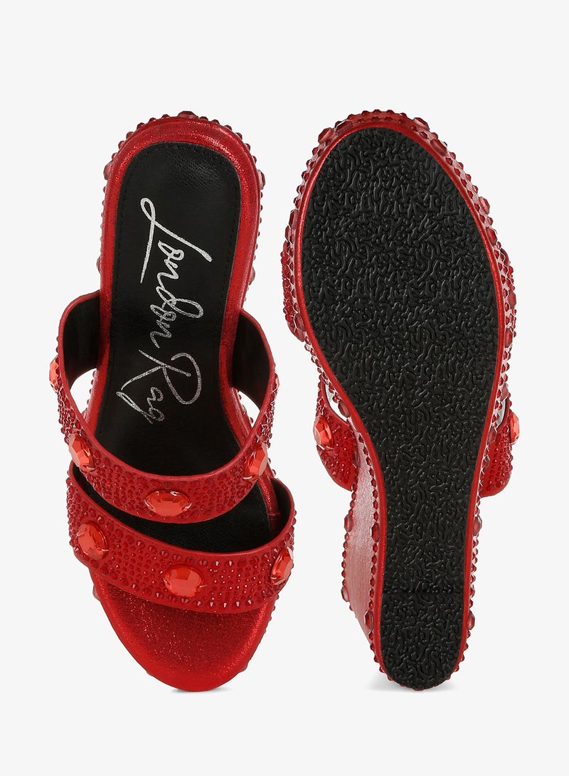 London Rag Rhinestone & Diamante Wedge Sandals in Red - Image 4