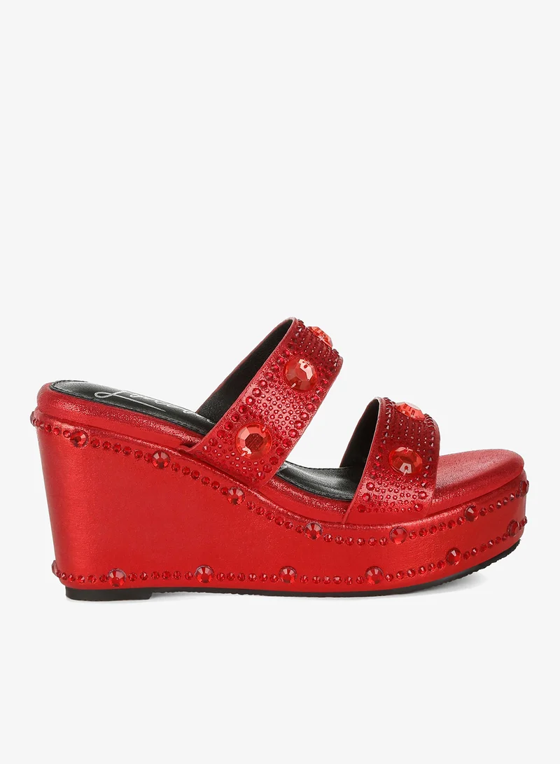 London Rag Rhinestone &amp; Diamante Wedge Sandals in Red