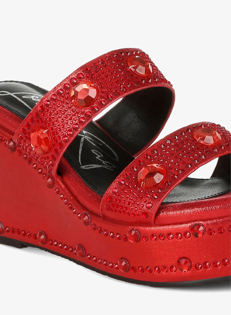 London Rag Rhinestone & Diamante Wedge Sandals in Red - Image 5