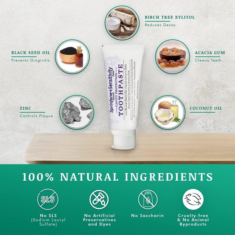 SprinJene Natural Sensitivity Relief Toothpaste Fluoride Toothpaste for Sensitive Teeth Cavity Protection SLS Free with Patented Black Seed Oil Zinc Made in The USA 2 Pack - Image 3