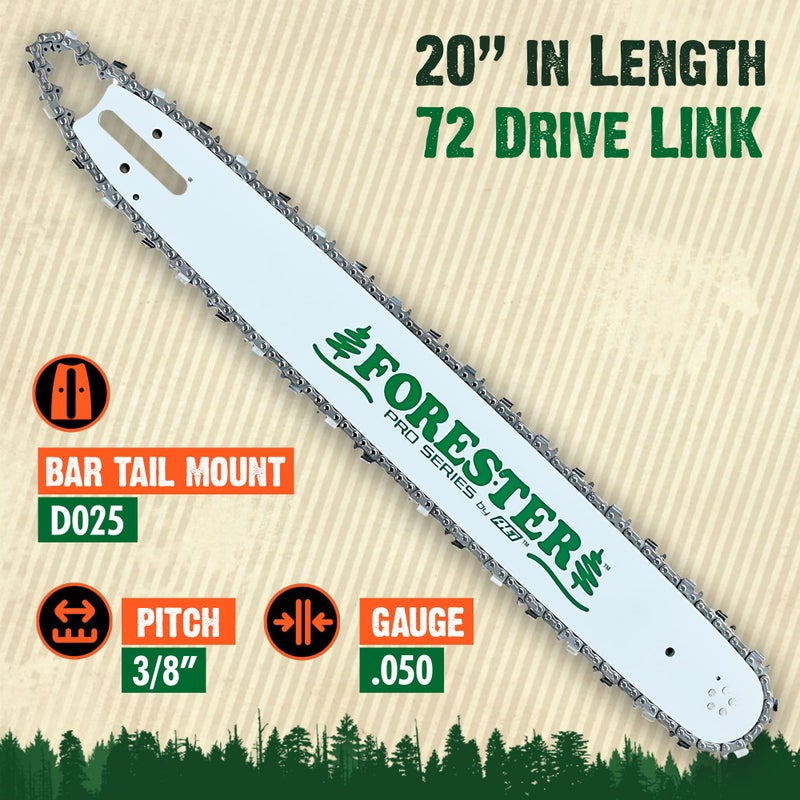 FORESTER 20" Replacement Chainsaw Bar & Chain Combo - 20in Length, 3/8â€ Pitch, .050 Gauge, D025 Mount, 72 Drive Link - Replacement Chain Saw Parts Kit For Stihl - Image 2
