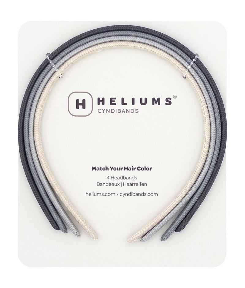 Heliums Thin Headbands - 8mm Skinny Headband for Women, 4 Count, Comfortable Narrow Hair Bands Blend with Hair Color (Dark Grey, Light Gray, Off White) - Image 1