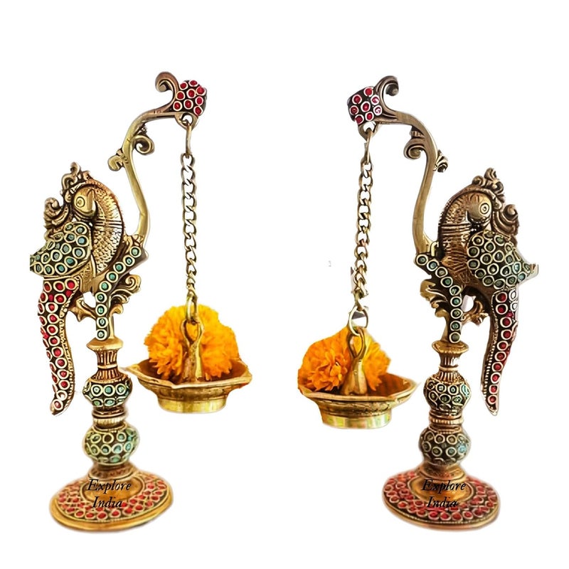 ARTSIKIA ARTSIKIA Brass Chain Diya Pair with Parrot Design Bird Parrot Hanging Chain Deepak Oil Ghee Stand Lamp Table Diya for Puja Temple Decoration LxWxH5x3x9Inches Wt18Kg 