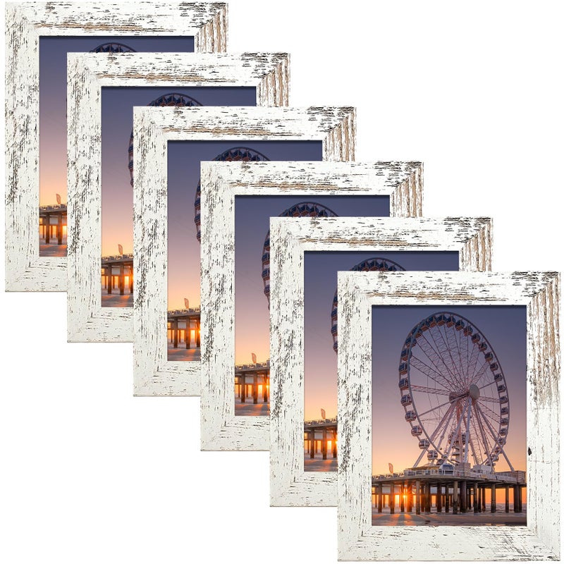 BESCRCL 4x6 Picture Frame with Real Glass Set of 6, Distressed White Wooden Frame 4 x 6 for Wall or Tabletop - Image 1