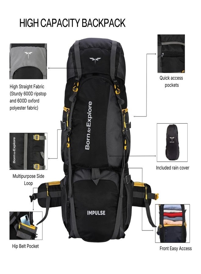 إمبلس حقيبة ظهر إمبلس، سعة 80 لترًا، حقيبة سفر للرجال، حقيبة سياحية، حقيبة ظهر للسفر، حقيبة للمشي والتخييم، حقيبة للرجال، لون أسود منحني مع ضمان لمدة عام واحد | أسود - Image 4