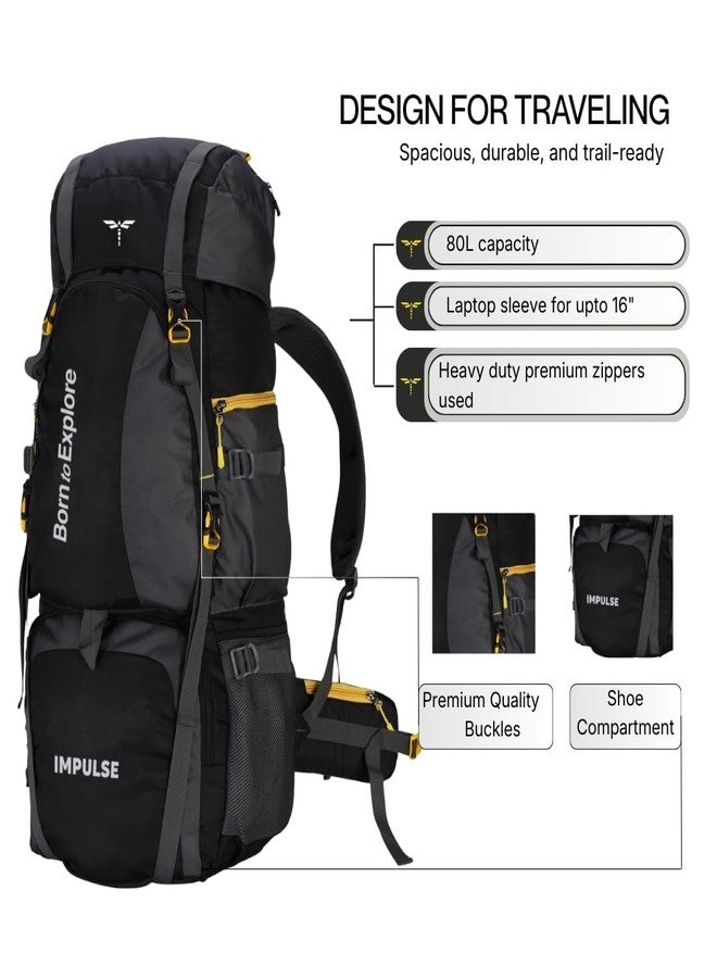 إمبلس حقيبة ظهر إمبلس، سعة 80 لترًا، حقيبة سفر للرجال، حقيبة سياحية، حقيبة ظهر للسفر، حقيبة للمشي والتخييم، حقيبة للرجال، لون أسود منحني مع ضمان لمدة عام واحد | أسود - Image 3