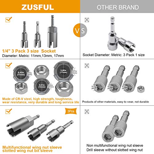 ZUSFUL 3 Pack 1/4" Hex Shank，Power Wing Nut Driver Set,Slot Wing Nuts Drill Bit Socket Wrenches Tools Set, Drills Bits for Panel Nuts Screws Eye C Hook Bolt - Image 3