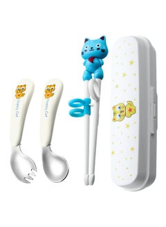 Kids Cutlery Set Stainless Steel Cartoon Style Glossy Safe Durable Spoon Fork Chopsticks Training Kids Lunch Utensils White Crooked Fork Spoon Chopsticks White Box