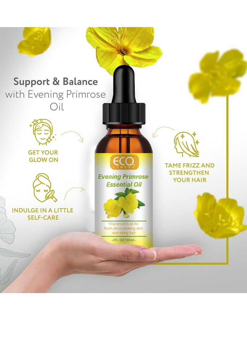 ECO زيت زهرة الربيع المسائية العضوي للوجه، غني بالفيتامينات، ترطيب عميق، مضاد للشيخوخة، يقلل من الخطوط الدقيقة والتجاعيد، يحسن البشرة والشعر، يعزز صحة الشعر، بشرة جميلة، ودعم الأظافر، مكمل غذائي 30 مل - Image 4
