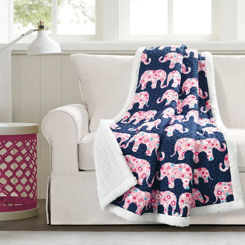 Lush Decor Lush Decor Elephant Parade Sherpa Throw Blanket 60 x 50 Navy  Pink 