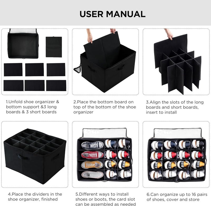 EVVIX Large Capacity Shoe Storage Box with Lid 16Compartment Stackable Organizer for Sneakers Heels Sandals Foldable Fabric Shoe Bin with Clear Cover Sturdy Handles SpaceSaving Closet Solution - Image 3
