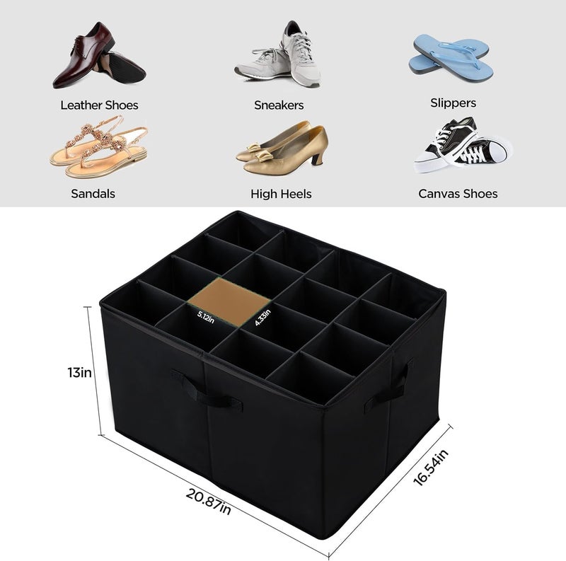EVVIX Large Capacity Shoe Storage Box with Lid 16Compartment Stackable Organizer for Sneakers Heels Sandals Foldable Fabric Shoe Bin with Clear Cover Sturdy Handles SpaceSaving Closet Solution - Image 5