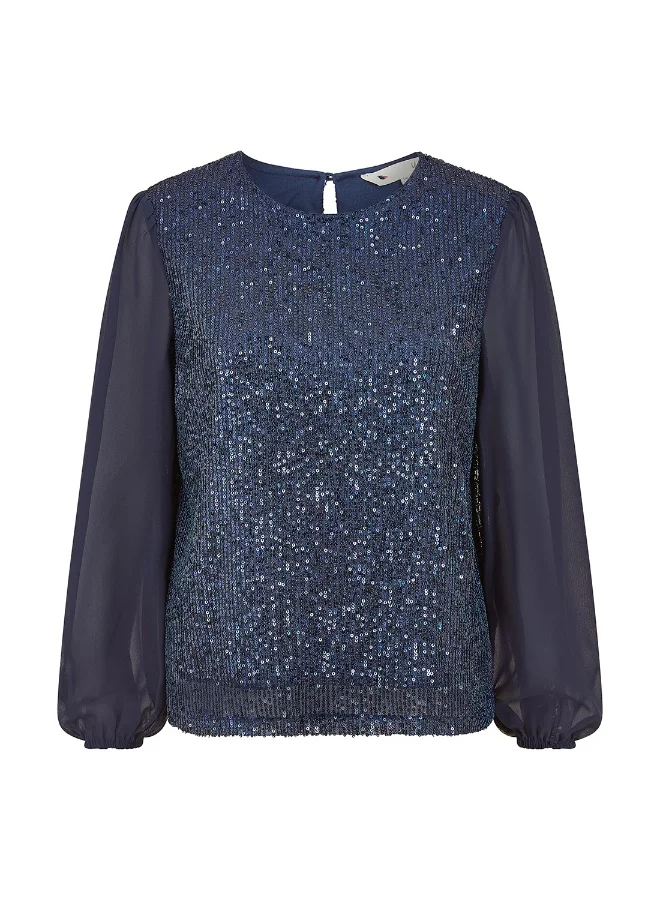 Yumi Sequin Top With Sheer Sleeves
