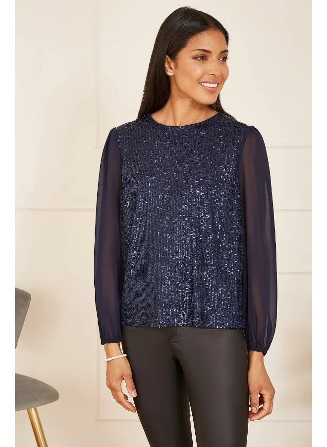 Yumi Sequin Top With Sheer Sleeves