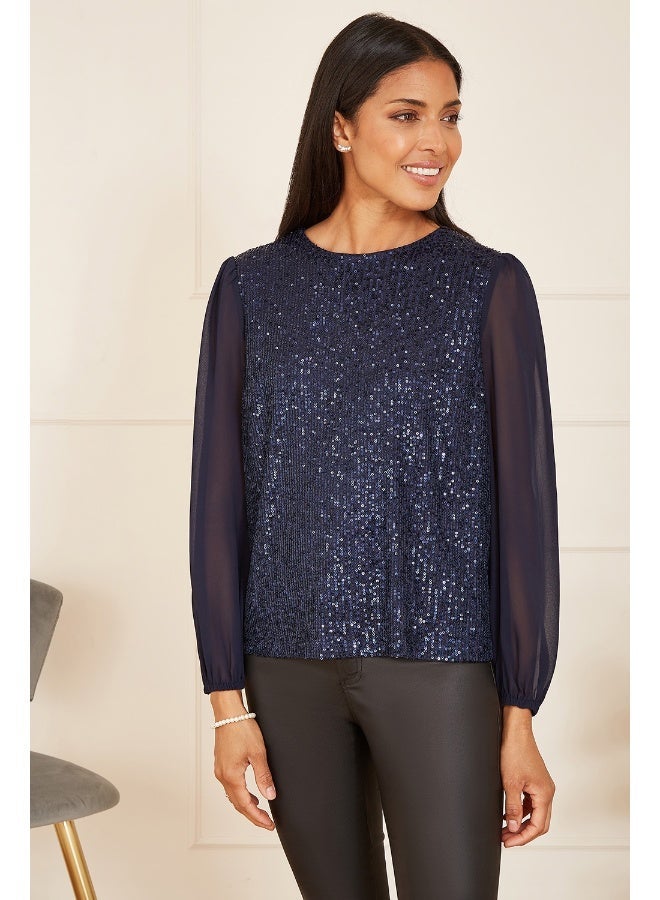 Yumi Sequin Top With Sheer Sleeves - Image 2