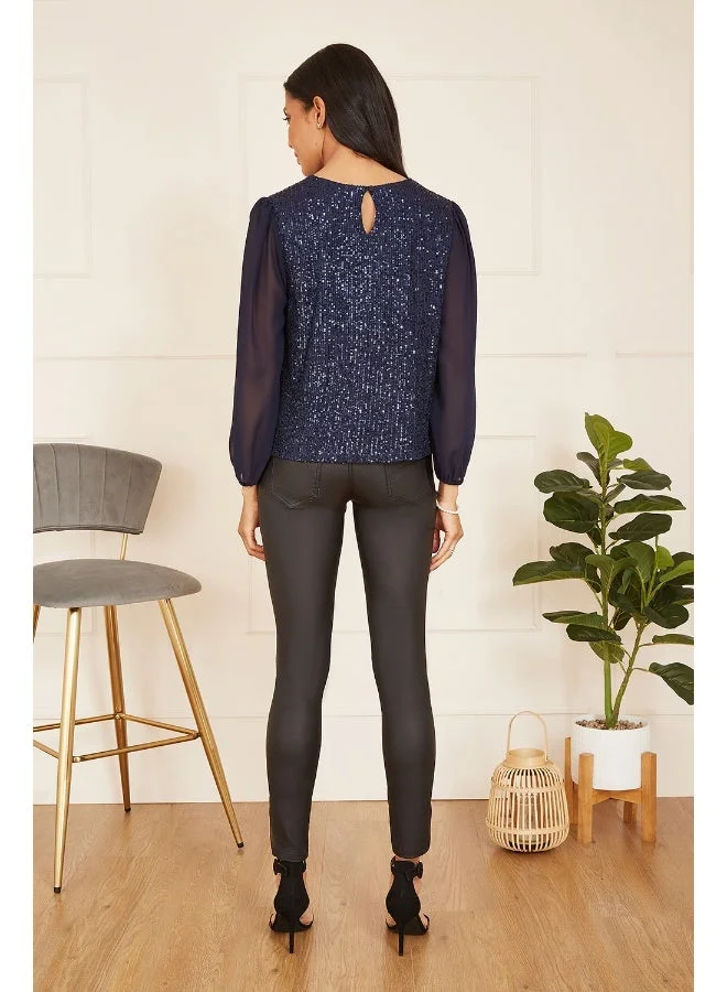 Yumi  Sequin Top With Sheer Sleeves for Women | Best Price UAE
