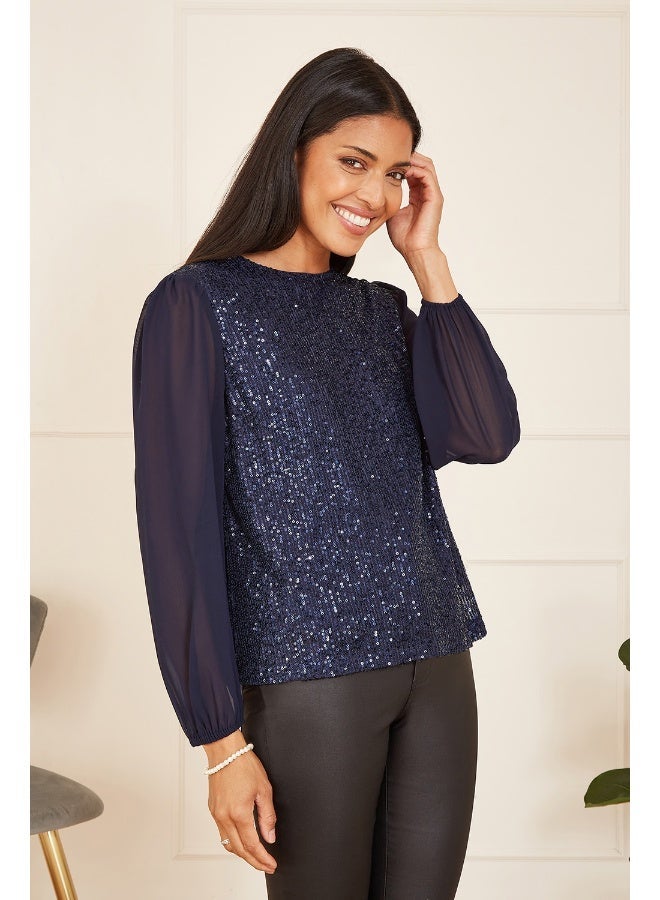 Yumi Sequin Top With Sheer Sleeves - Image 1