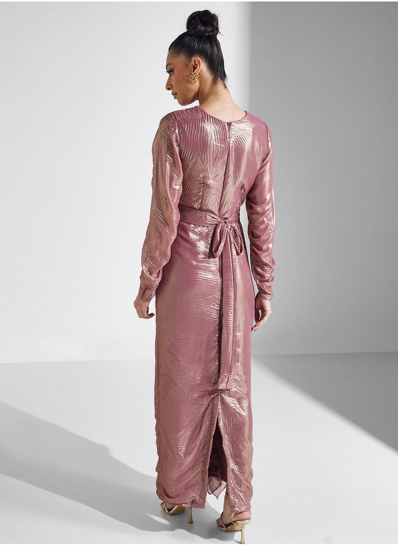 Amri - Balloon Sleeve Ruched Belted Dress - Image 1
