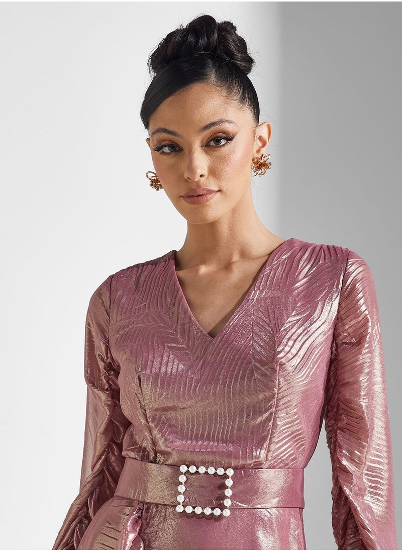 Amri - Balloon Sleeve Ruched Belted Dress - Image 1