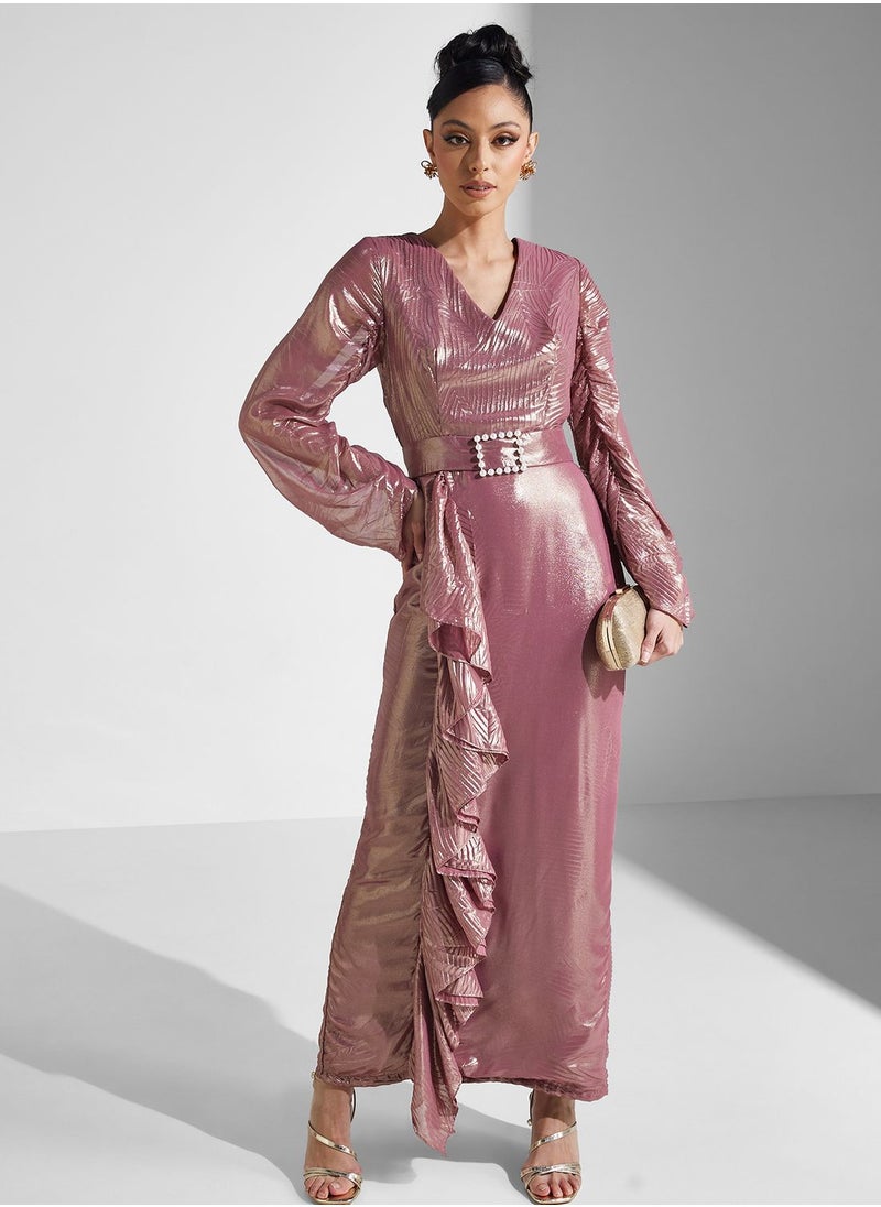 Amri - Balloon Sleeve Ruched Belted Dress - Image 1