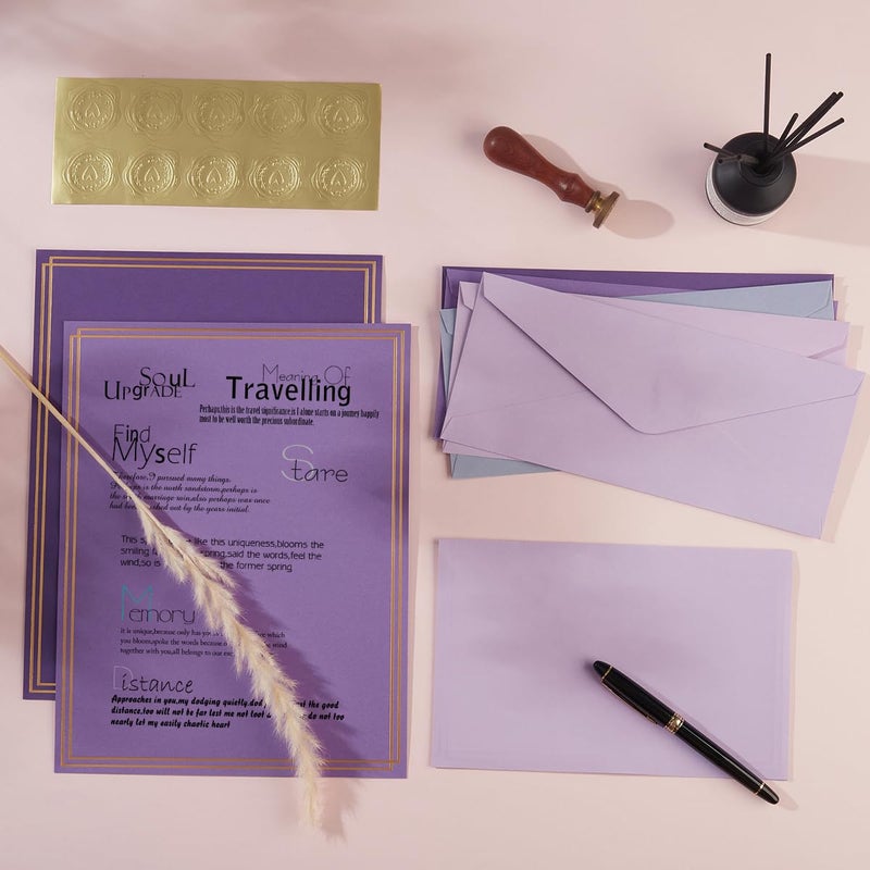 Toperd 50 Pack Colored Stationery Set, 5 Colors #10 Business Envelopes, 50 Sheets 8.5x11 Paper Sheet and Gold Stickers for Office, Letters, Invitations (Purple) - Image 5