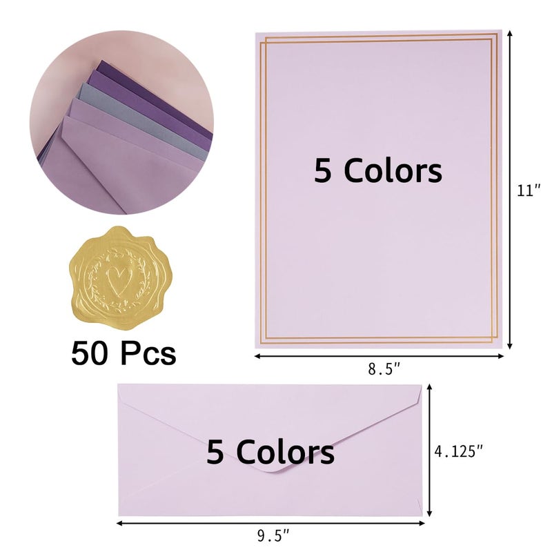 Toperd 50 Pack Colored Stationery Set, 5 Colors #10 Business Envelopes, 50 Sheets 8.5x11 Paper Sheet and Gold Stickers for Office, Letters, Invitations (Purple) - Image 2