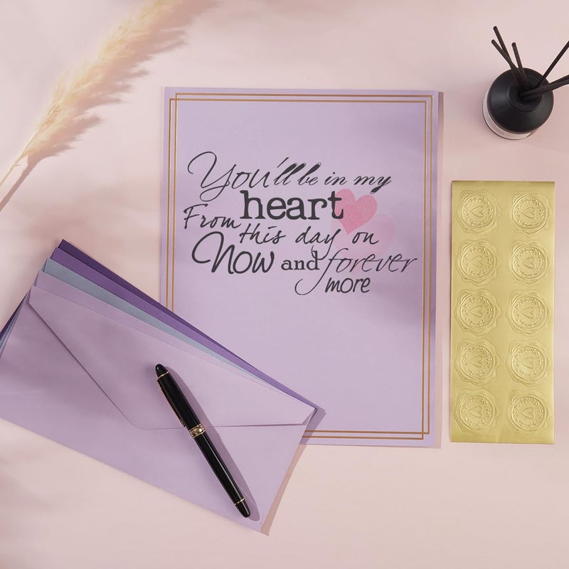 Toperd 50 Pack Colored Stationery Set, 5 Colors #10 Business Envelopes, 50 Sheets 8.5x11 Paper Sheet and Gold Stickers for Office, Letters, Invitations (Purple) - Image 4