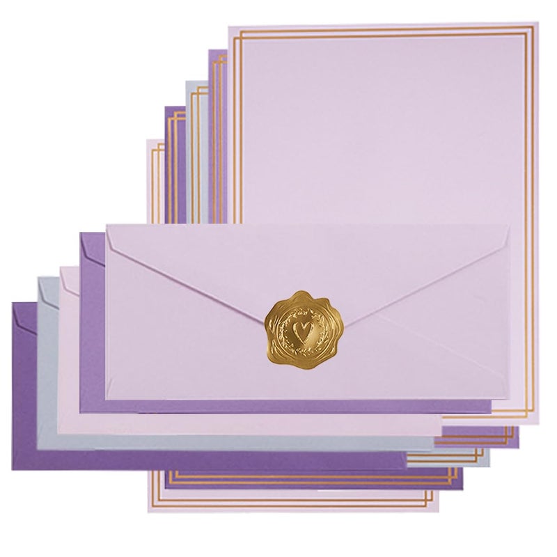 Toperd 50 Pack Colored Stationery Set, 5 Colors #10 Business Envelopes, 50 Sheets 8.5x11 Paper Sheet and Gold Stickers for Office, Letters, Invitations (Purple) - Image 1