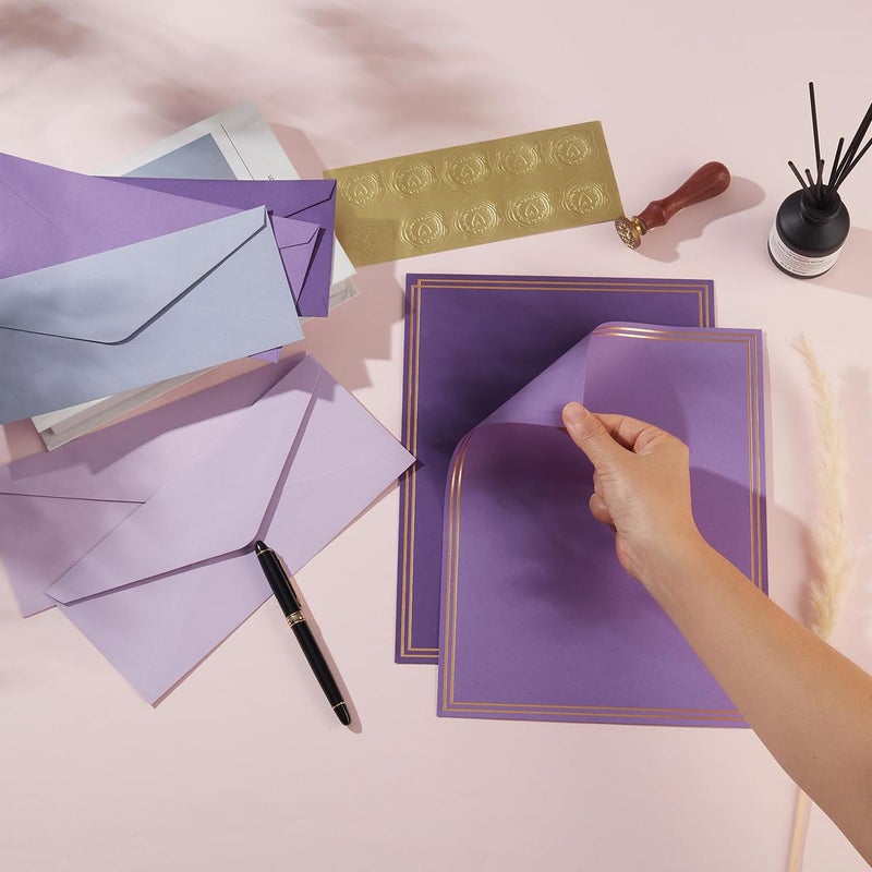 Toperd 50 Pack Colored Stationery Set, 5 Colors #10 Business Envelopes, 50 Sheets 8.5x11 Paper Sheet and Gold Stickers for Office, Letters, Invitations (Purple) - Image 3