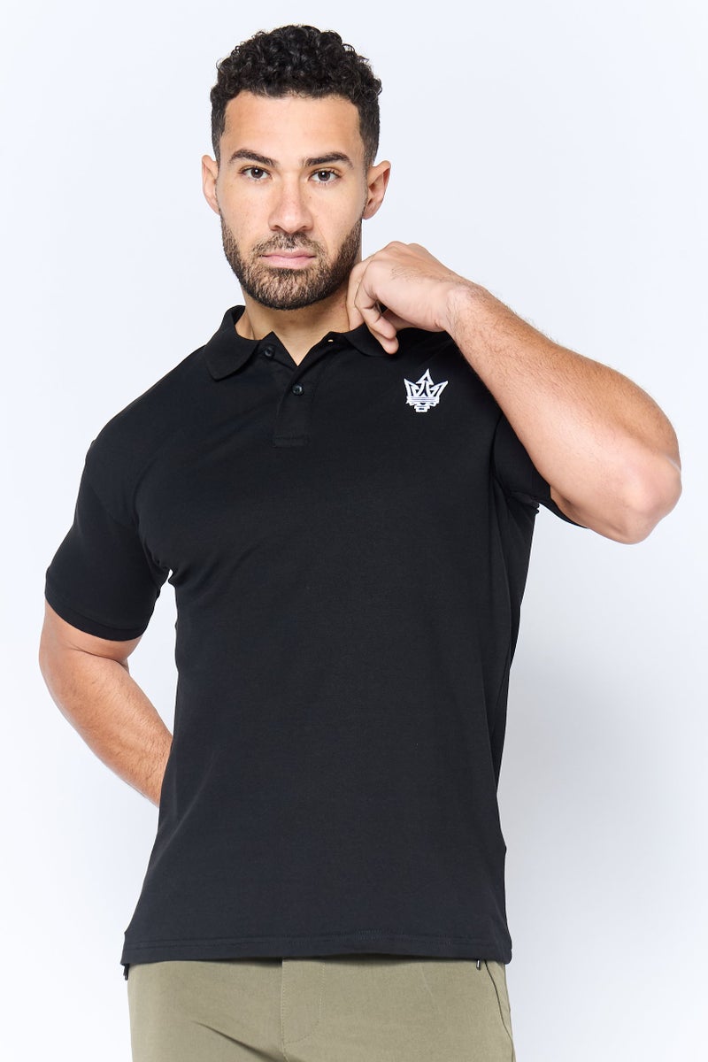 Maserati تي شيرت بولو بأكمام قصيرة للرجال بتصميم عادي مع شعار مطرز، أسود - Image 1