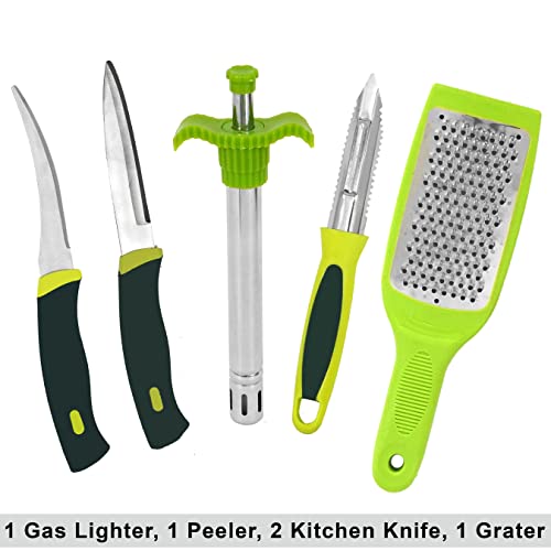 TULMAN 5pcs Multipurpose Kitchen Combo Knife Set Kitchen uitility Combo-Vegetable Cutter with Peeler,Cheese/Ginger Grater & Stainless Steel Gas Lighter with 2 Knife - Green - Image 3