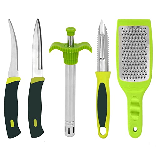 TULMAN 5pcs Multipurpose Kitchen Combo Knife Set Kitchen uitility Combo-Vegetable Cutter with Peeler,Cheese/Ginger Grater & Stainless Steel Gas Lighter with 2 Knife - Green - Image 1
