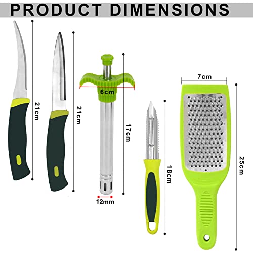 TULMAN 5pcs Multipurpose Kitchen Combo Knife Set Kitchen uitility Combo-Vegetable Cutter with Peeler,Cheese/Ginger Grater & Stainless Steel Gas Lighter with 2 Knife - Green - Image 2