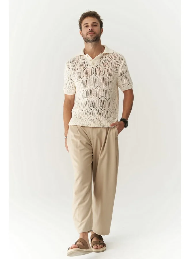 Bohemai Leonard Men's Button-Detail Cream Tricot T-Shirt.