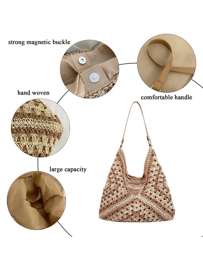 KASTWAVE حقائب قش صيفية للنساء - محفظة كروشيه للشاطئ - حقائب كتف قش أنيقة وعصرية - حقيبة قش أنيقة لإطلالة صيفية أنيقة - Image 4