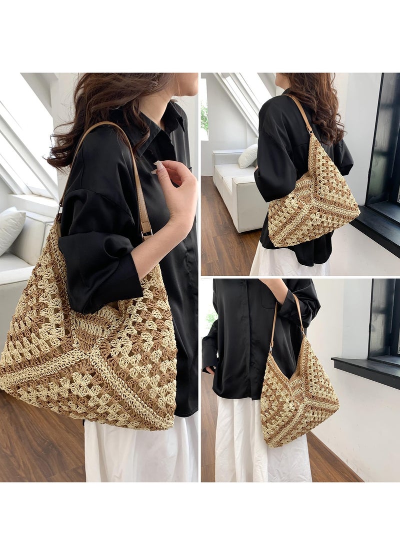 KASTWAVE حقائب قش صيفية للنساء - محفظة كروشيه للشاطئ - حقائب كتف قش أنيقة وعصرية - حقيبة قش أنيقة لإطلالة صيفية أنيقة - Image 2